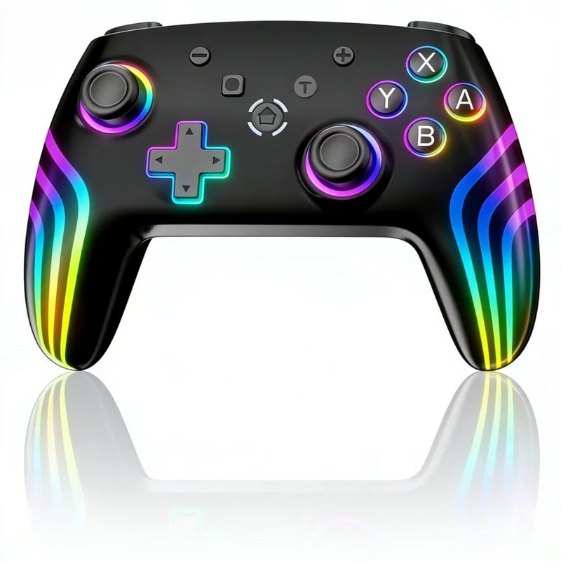 JUNHUAN Wireless Pro Controller for N-Switch/Lite/OLED with Hall Triggers/Wakeup/7 Color RGB/Dual Vibration/6-Axis Gyros/Turbo, Compatible with PC/Android/iOS (Onyx Black-Switch) - Image 1